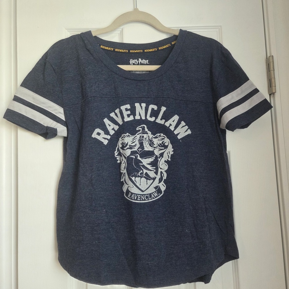 Harry Potter Ravenclaw Shirt Womens L Varsity Stripe Tee Quidditch Crest Navy